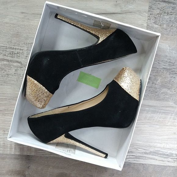 Steve Madden Black Suede and Gold Platform Heels - Picture 11 of 12